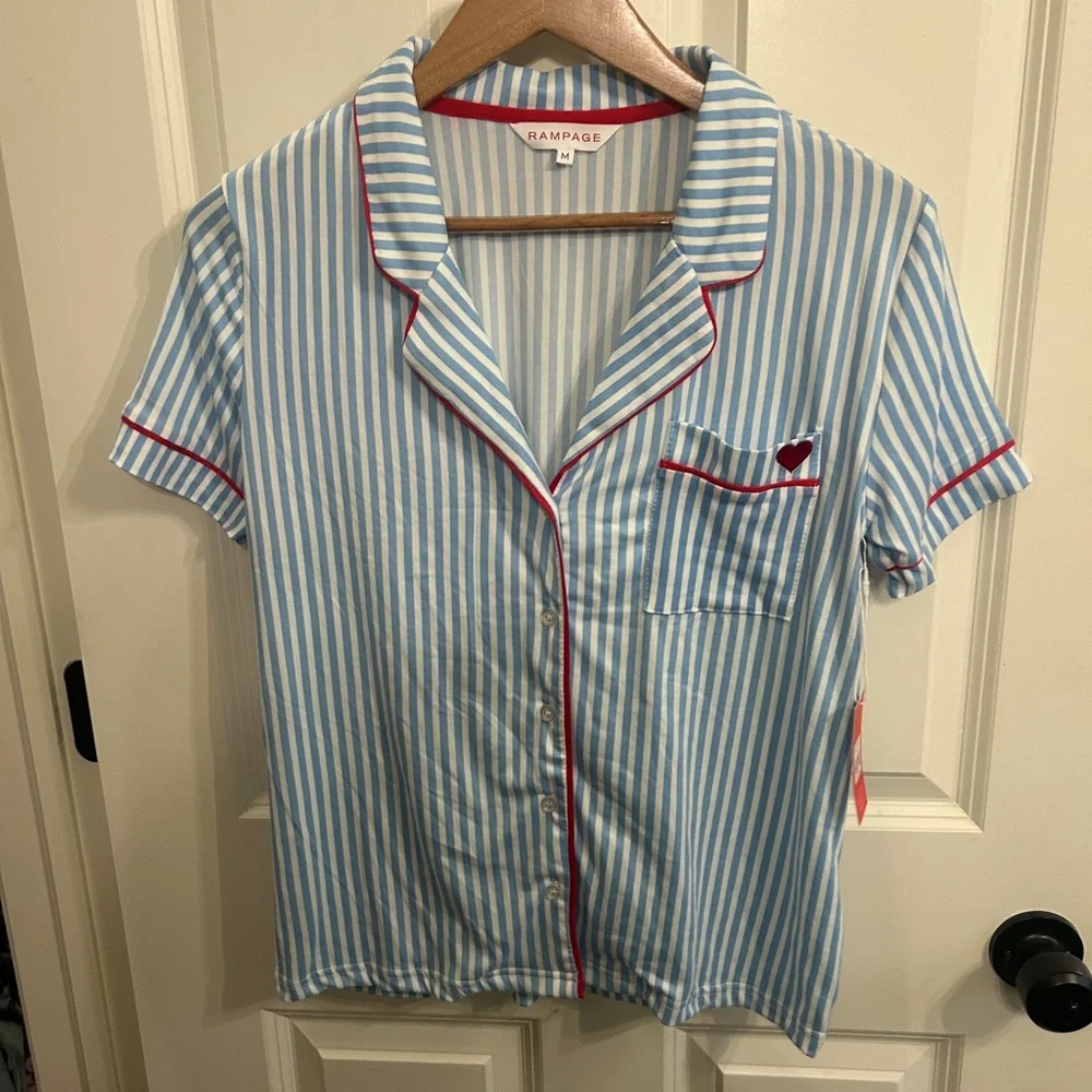 New NWT Rampage Blue and White Striped Pajama Set with Red Heart and piping. - Picture 3 of 14